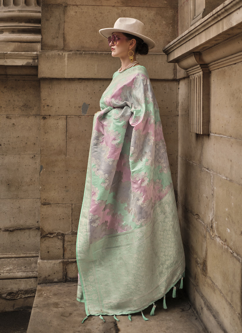 Mint Green Satin Silk Woven Saree
