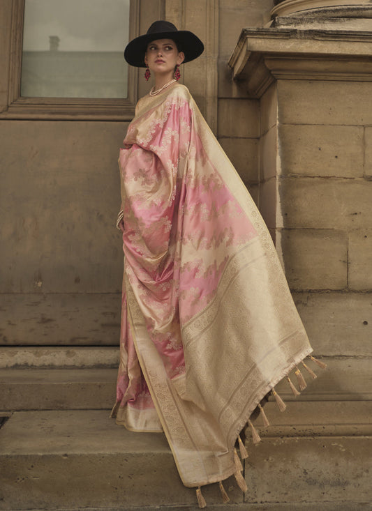 Soft Pink Satin Silk Woven Saree