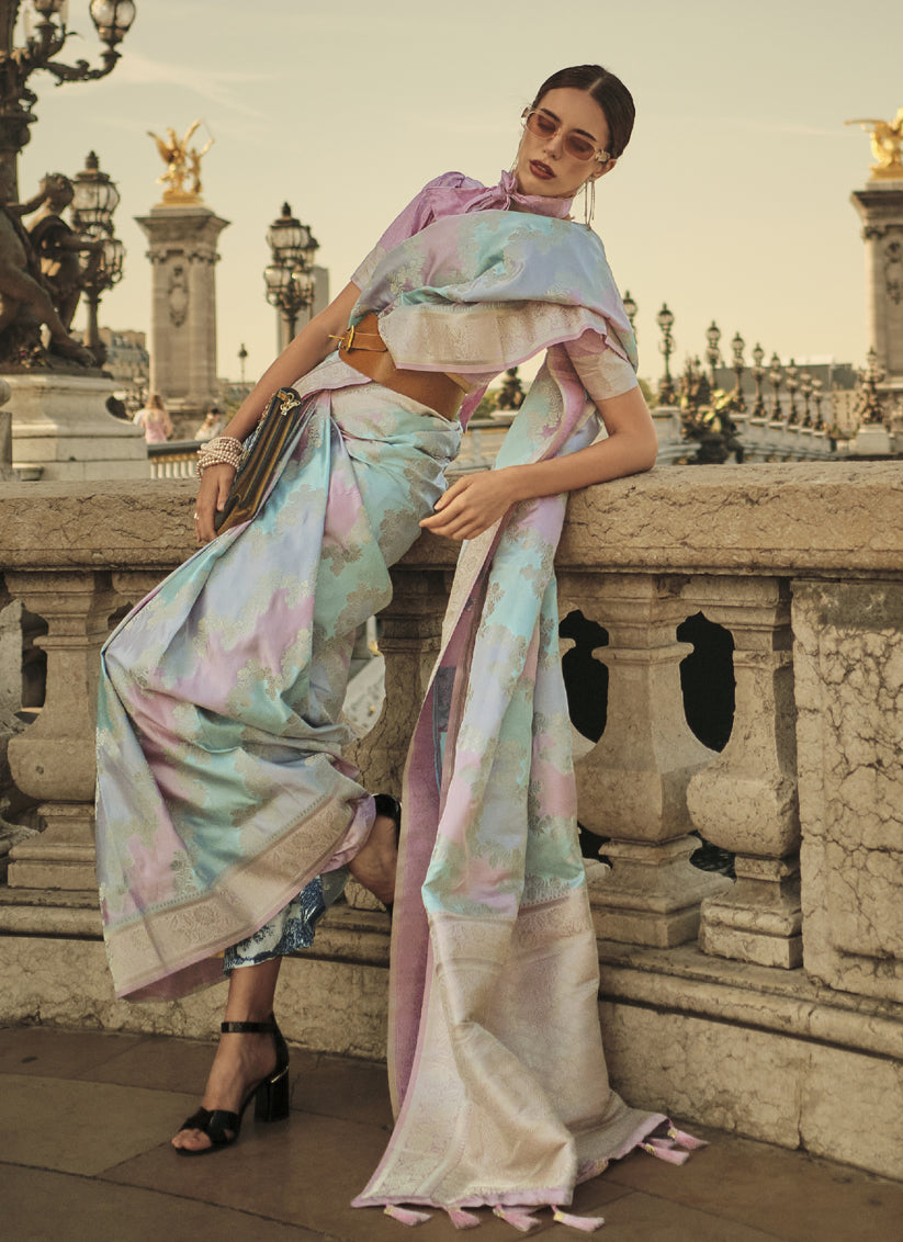 Sky Blue Satin Silk Woven Saree