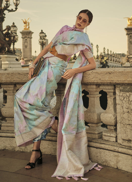 Sky Blue Satin Silk Woven Saree