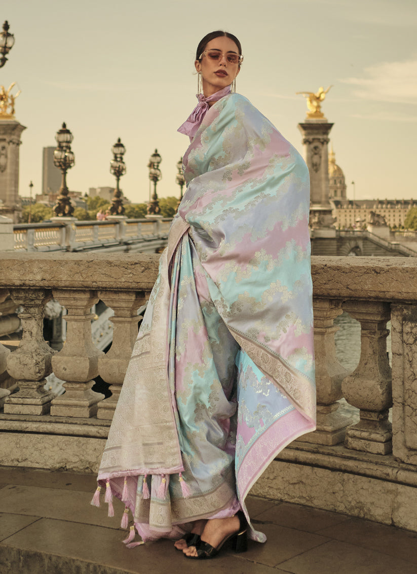 Sky Blue Satin Silk Woven Saree