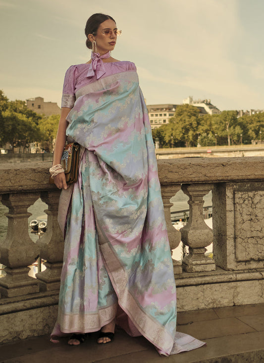 Sky Blue Satin Silk Woven Saree