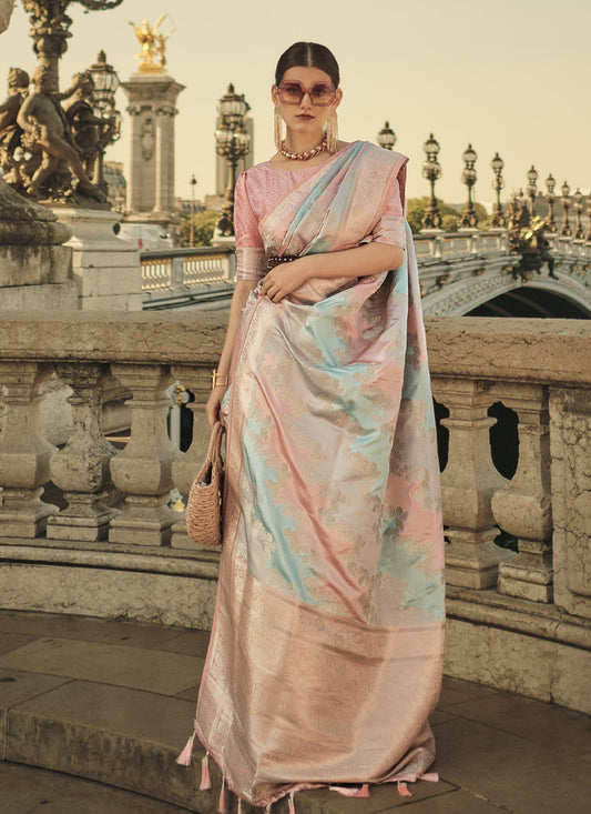 Light Peach Satin Silk Woven Saree