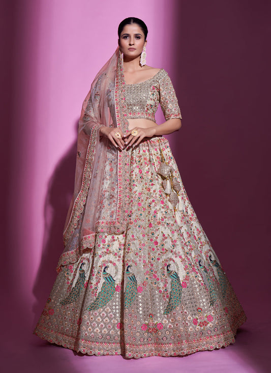 Dusty Cream Net Embroidered Designer Lehenga Choli