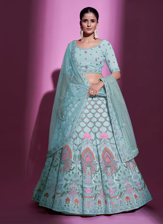 Breeze Blue Georgette Embroidered Designer Lehenga Choli