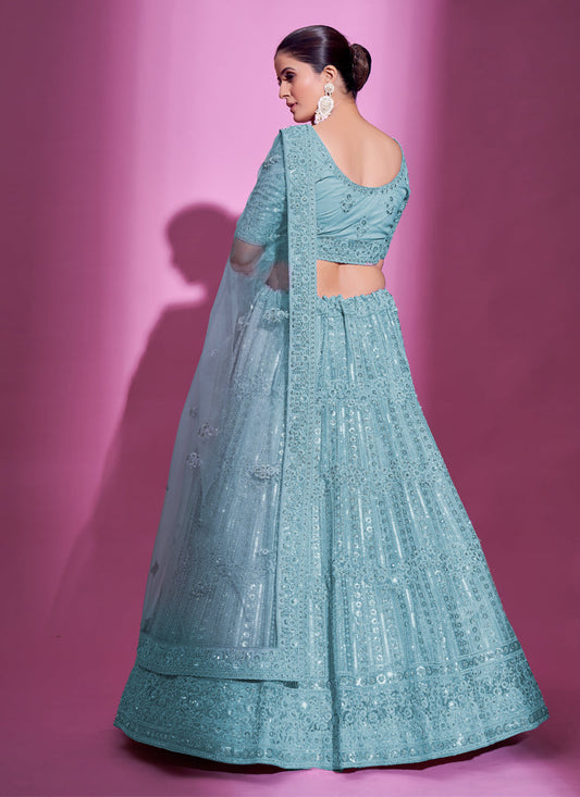 Breeze Blue Net Embroidered Designer Lehenga Choli