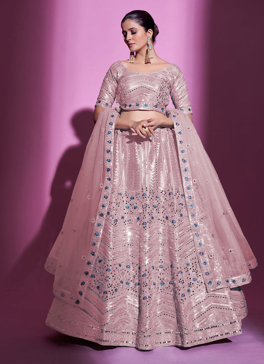 Blush Pink Net Embroidered Designer Lehenga Choli