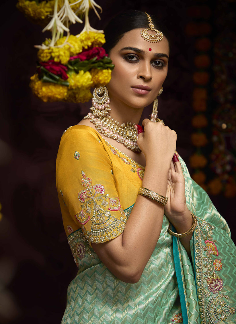 Graceful Aqua Mint Pure Banarasi Kanjivaram Saree for Wedding