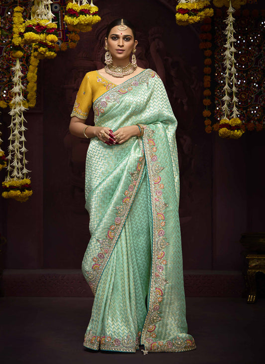 Graceful Aqua Mint Pure Banarasi Kanjivaram Saree for Wedding