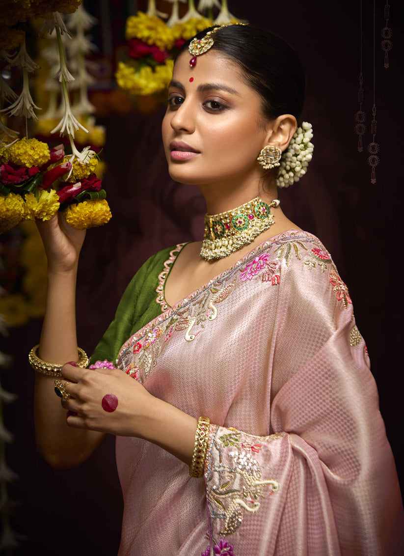 Luxurious Blush Pink Pure Banarasi Kanjivaram Saree for Wedding