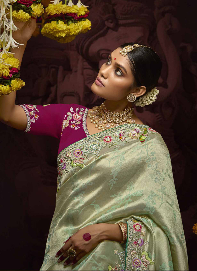 Striking Pastel Mint Pure Banarasi Kanjivaram Saree for Wedding