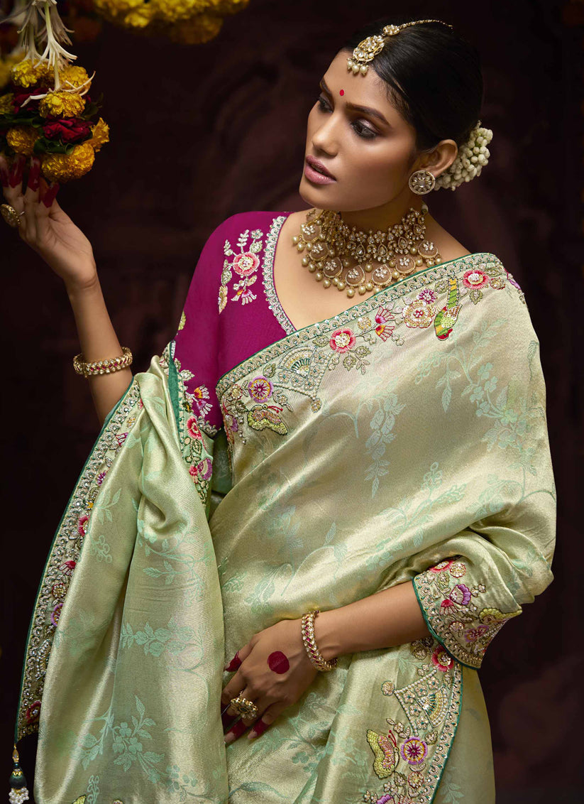 Striking Pastel Mint Pure Banarasi Kanjivaram Saree for Wedding