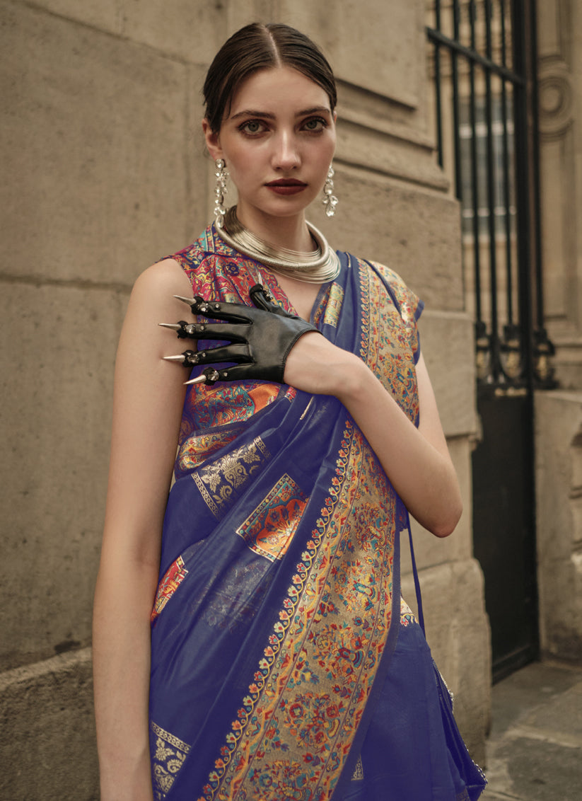 Royal Blue Kashmiri Handloom Woven Saree