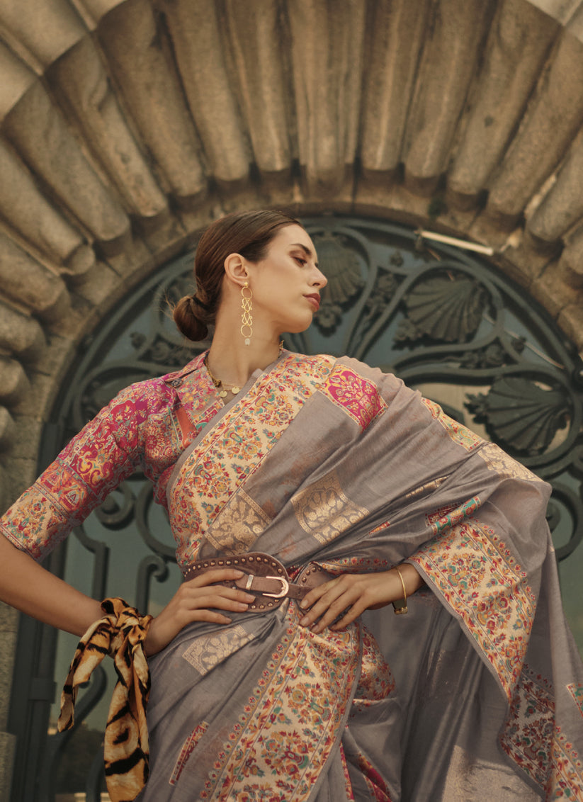 Dusty Beige Kashmiri Handloom Woven Saree