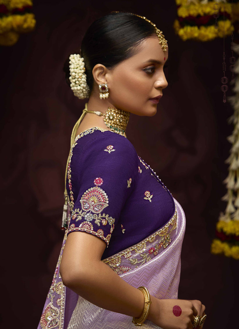 Sleek Lilac Pure Banarasi Kanjivaram Saree for Wedding