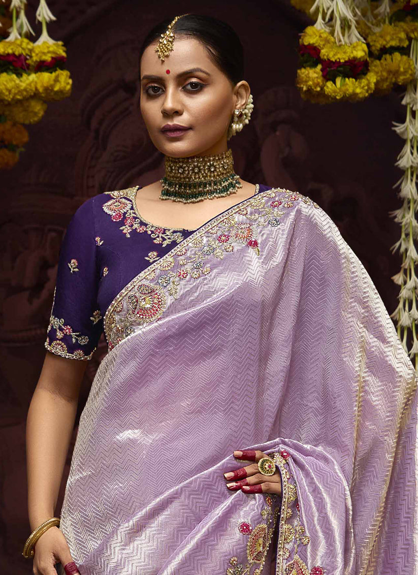 Sleek Lilac Pure Banarasi Kanjivaram Saree for Wedding