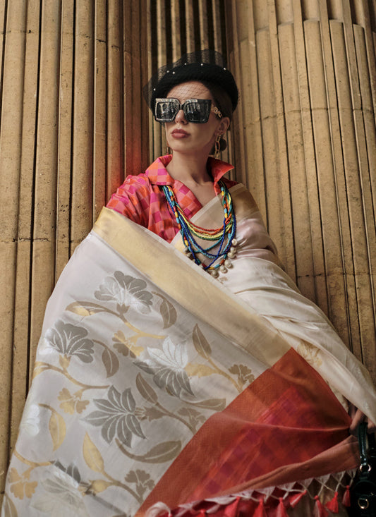 Off White Soft Silk Handloom Woven Saree