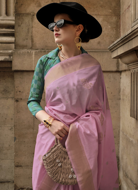 Orchid Pink Soft Silk Handloom Woven Saree