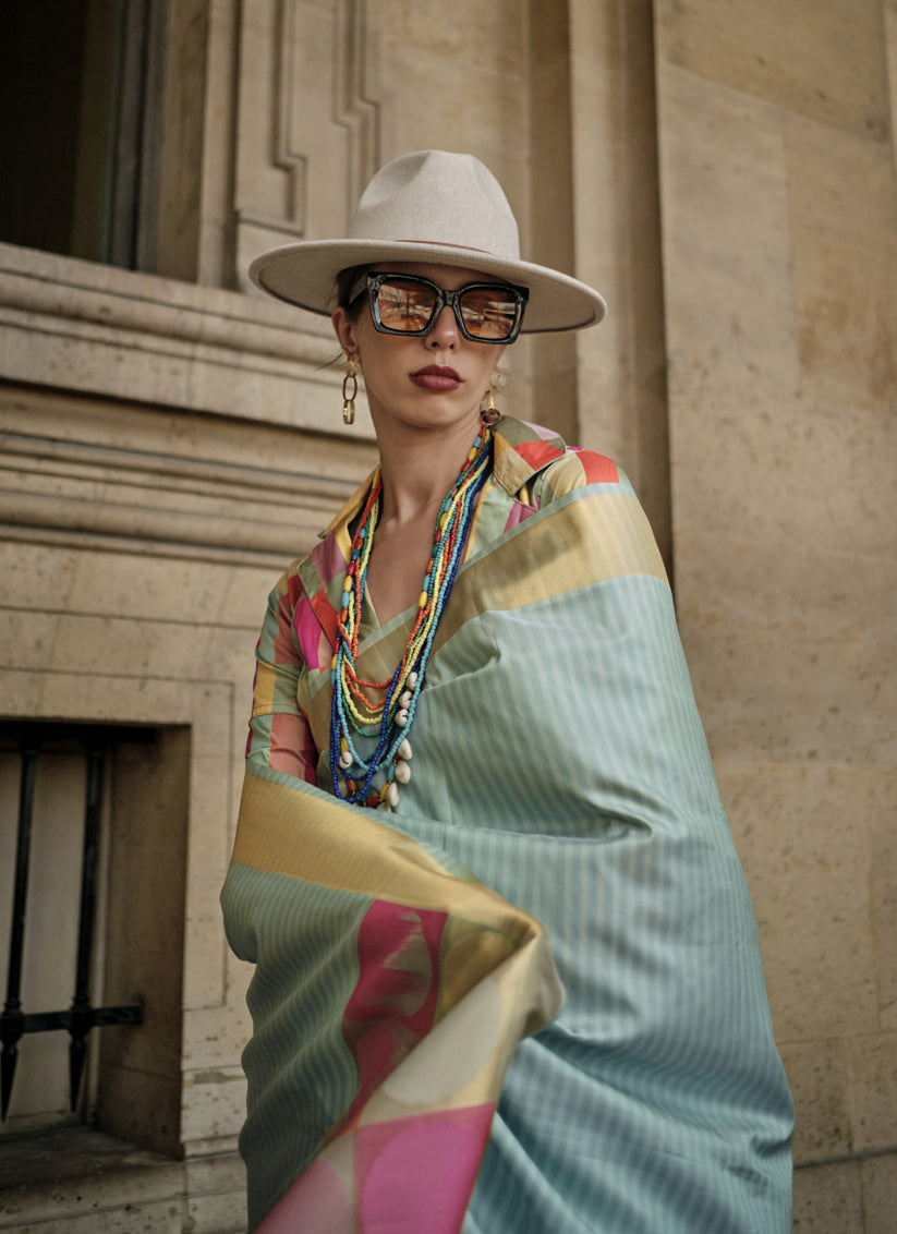 Dusty Blue Soft Silk Handloom Woven Saree