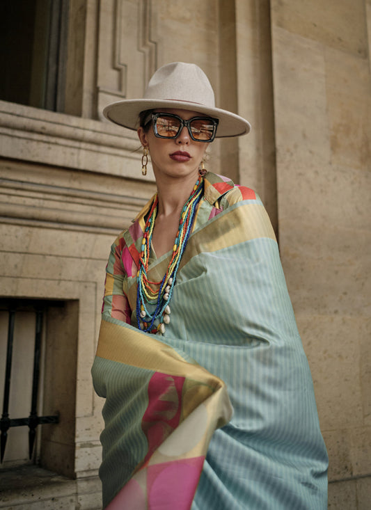 Dusty Blue Soft Silk Handloom Woven Saree