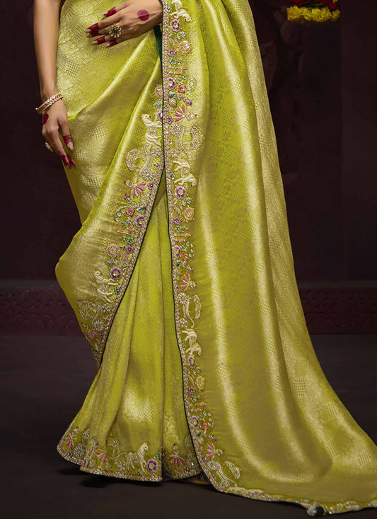 Opulent Lime Yellow Pure Banarasi Kanjivaram Saree for Wedding