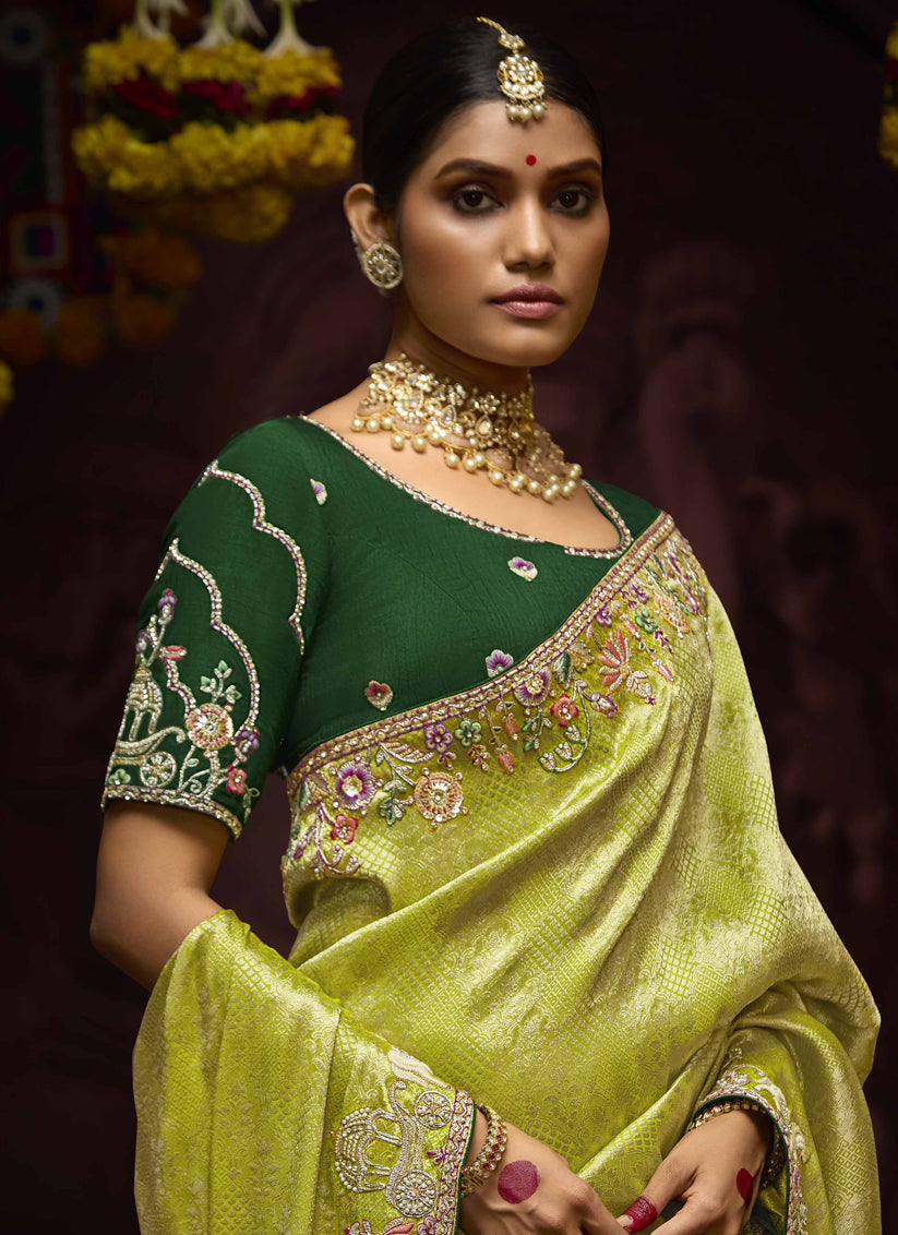 Opulent Lime Yellow Pure Banarasi Kanjivaram Saree for Wedding