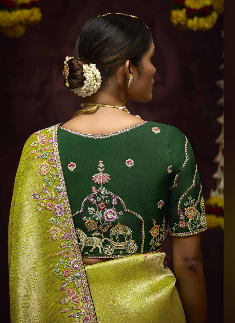 Opulent Lime Yellow Pure Banarasi Kanjivaram Saree for Wedding