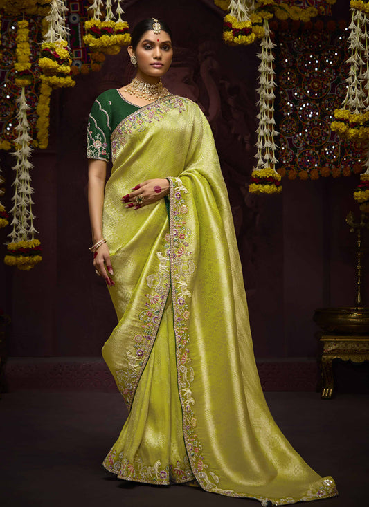 Opulent Lime Yellow Pure Banarasi Kanjivaram Saree for Wedding