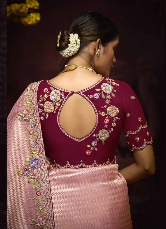 Fashionable Coral Pink Pure Banarasi Kanjivaram Saree for Wedding