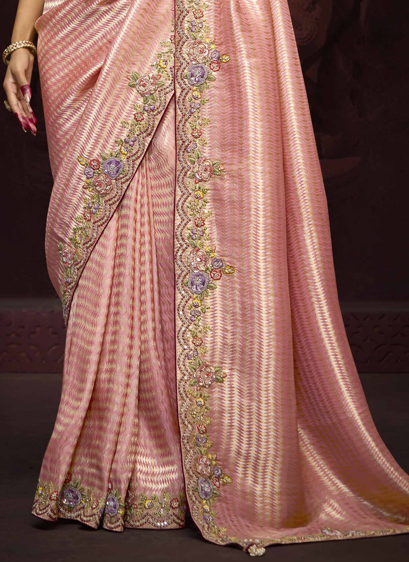 Fashionable Coral Pink Pure Banarasi Kanjivaram Saree for Wedding