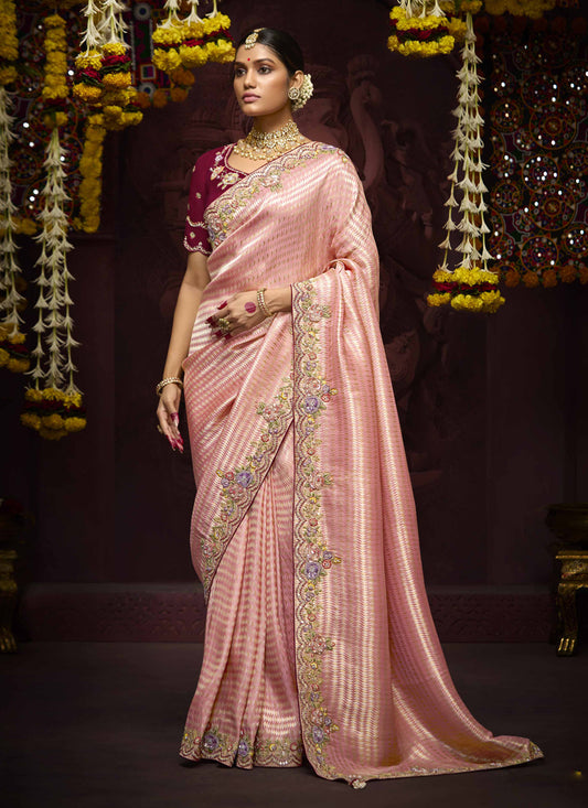 Fashionable Coral Pink Pure Banarasi Kanjivaram Saree for Wedding