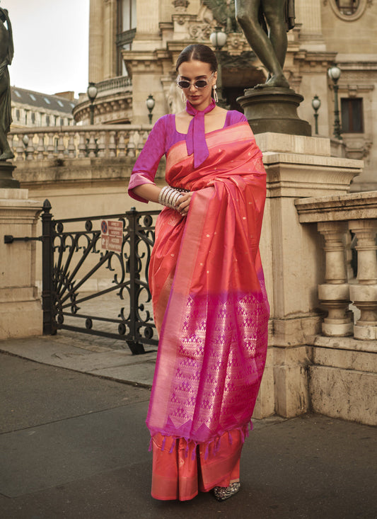 Coral Orange Silk Woven Saree