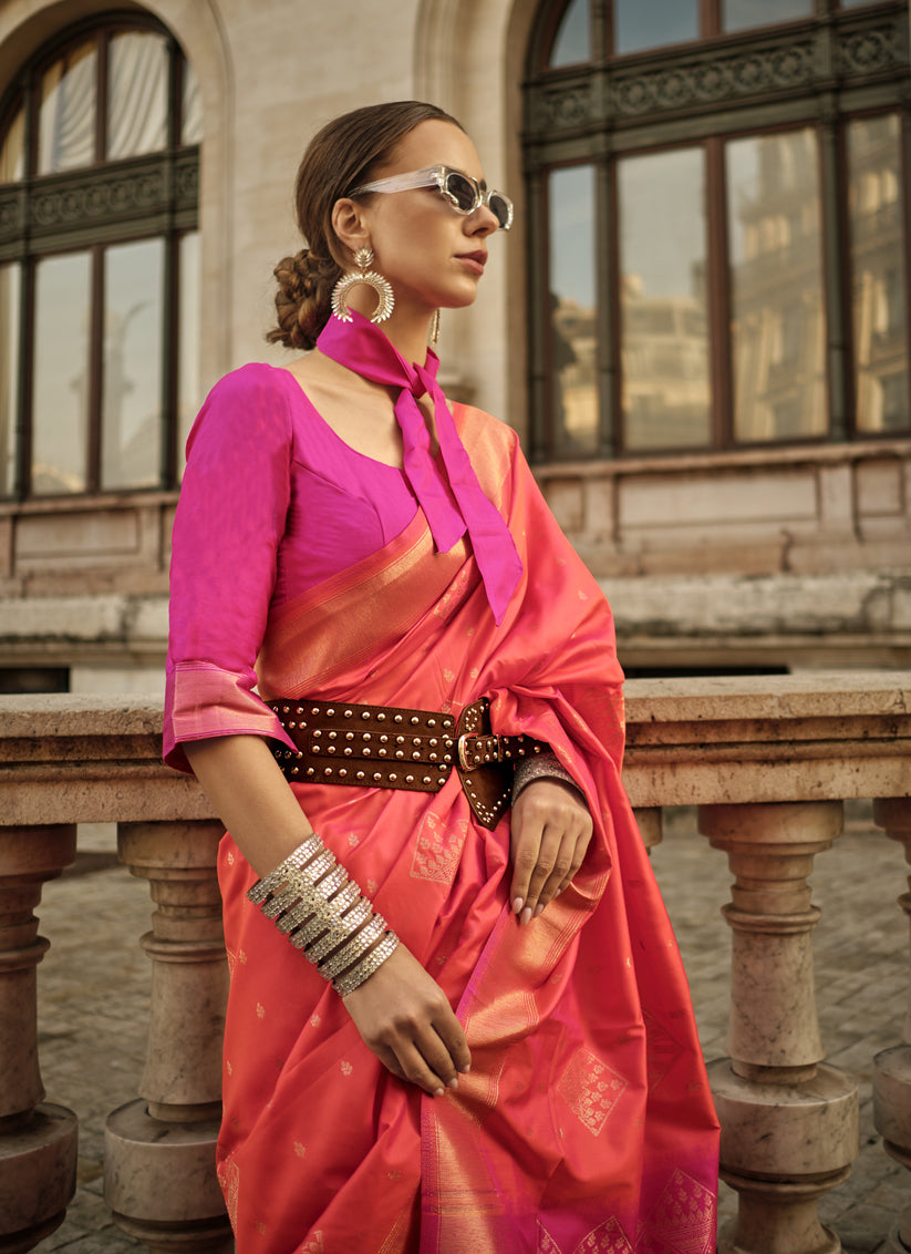 Coral Orange Silk Woven Saree