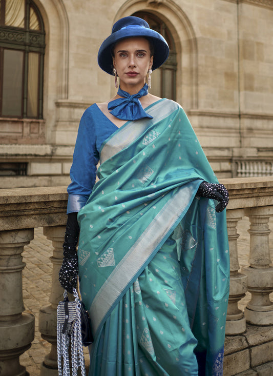 Turquoise Silk Woven Saree