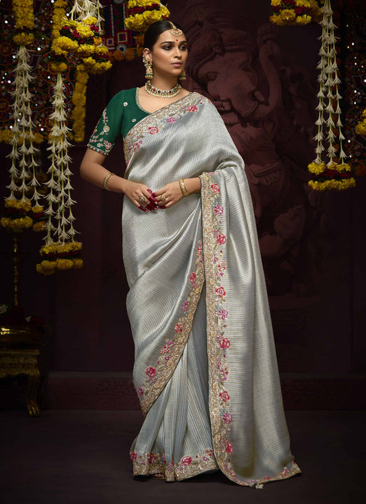 Dashing Silver Pure Banarasi Kanjivaram Saree for Wedding