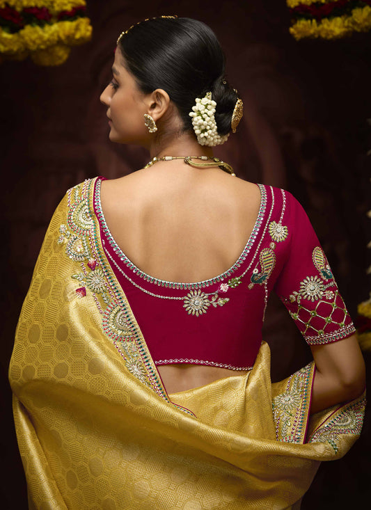 Voguish Pastel Yellow Pure Banarasi Kanjivaram Saree for Wedding