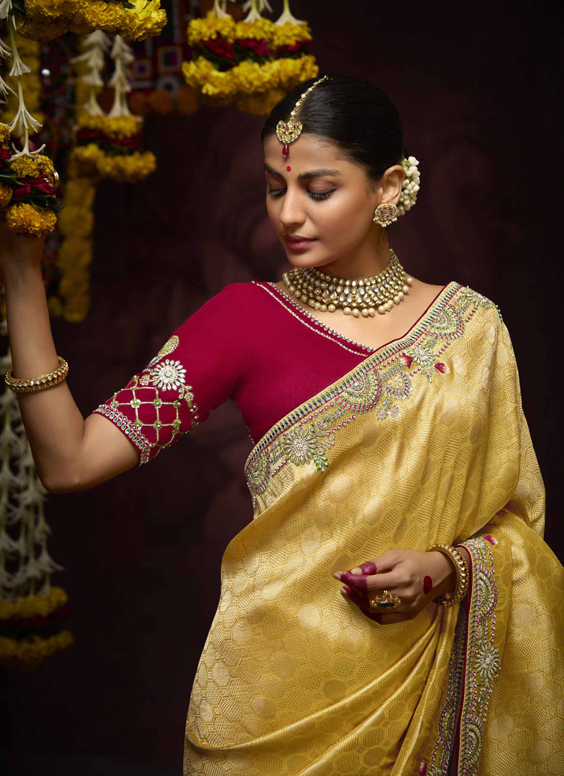 Voguish Pastel Yellow Pure Banarasi Kanjivaram Saree for Wedding