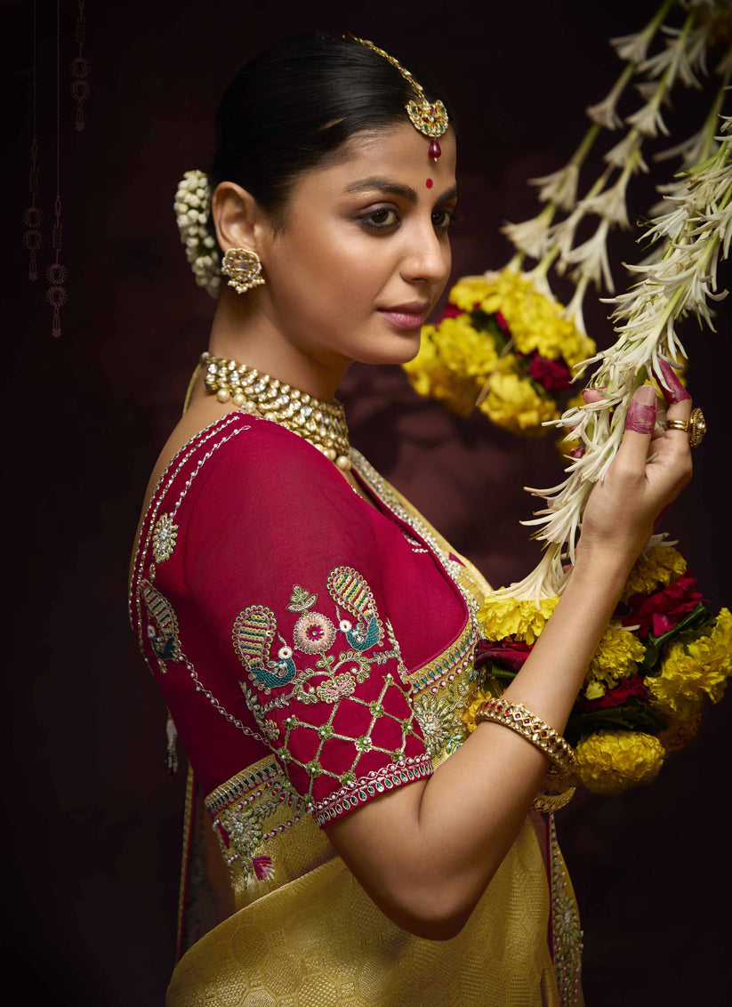Voguish Pastel Yellow Pure Banarasi Kanjivaram Saree for Wedding