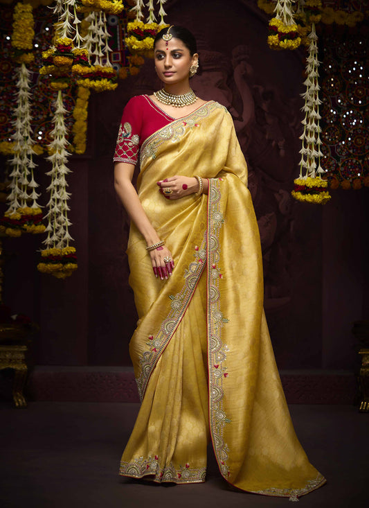 Voguish Pastel Yellow Pure Banarasi Kanjivaram Saree for Wedding