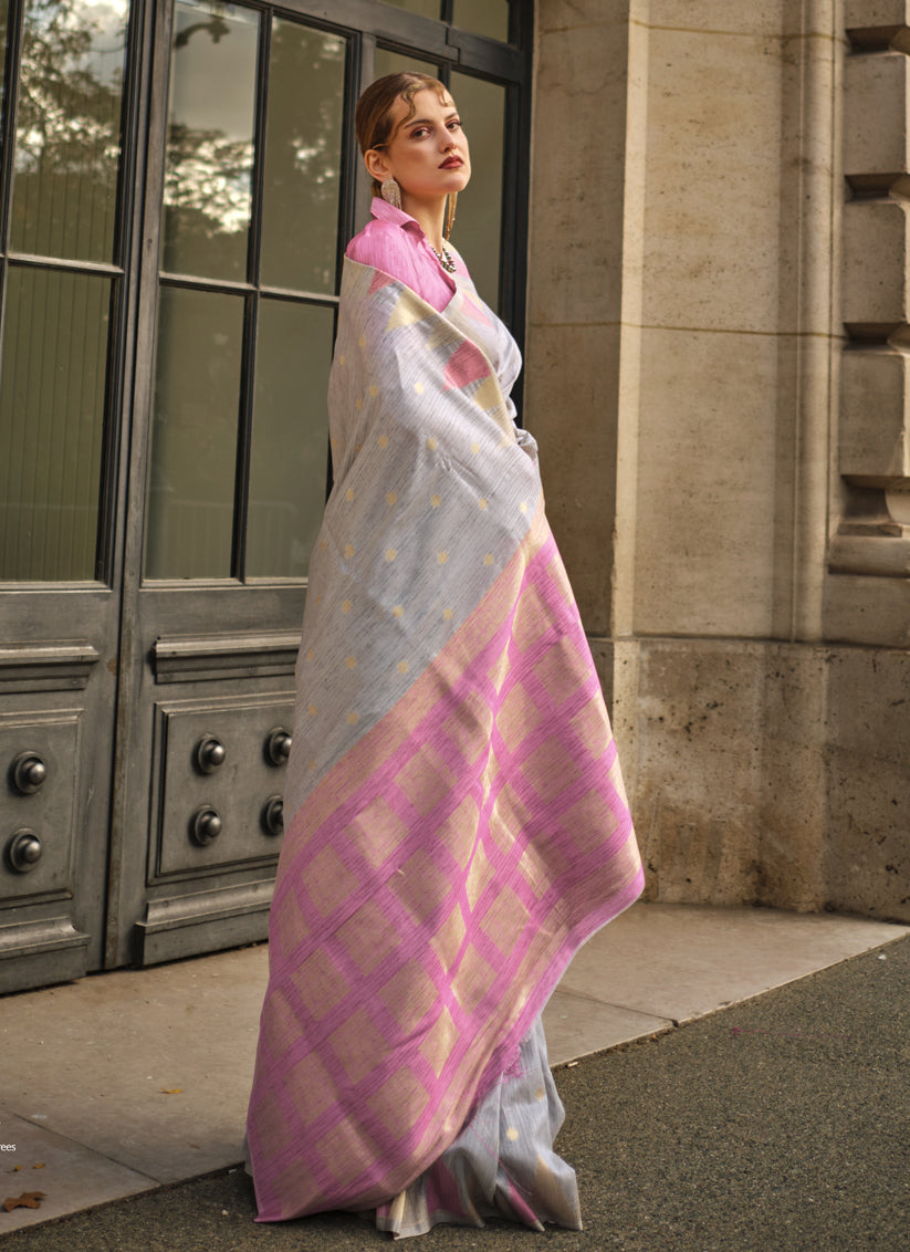 Grey Art Silk Handllom Woven Saree