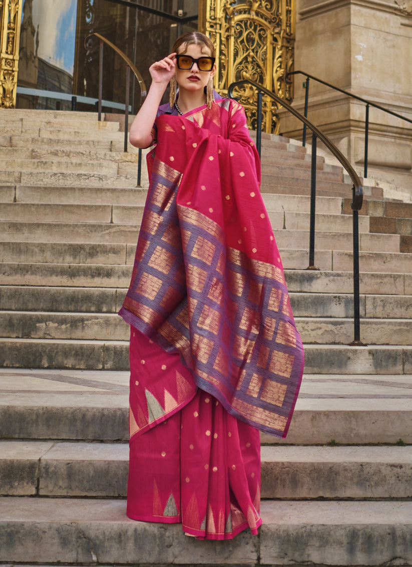 Hot Pink Art Silk Handllom Woven Saree
