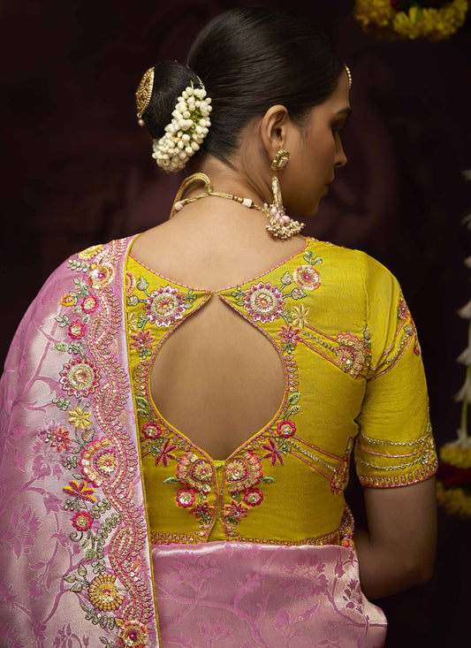 Trendsetting Rose Pink Pure Banarasi Kanjivaram Saree for Wedding