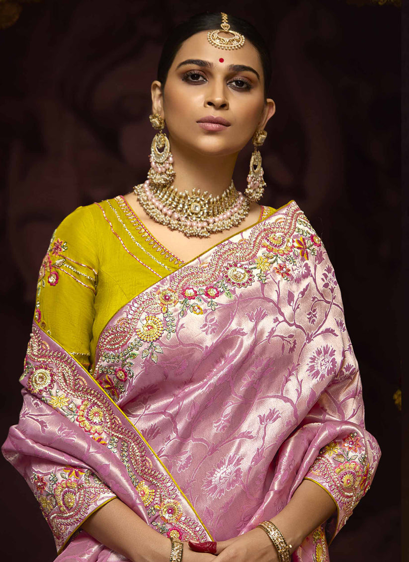Trendsetting Rose Pink Pure Banarasi Kanjivaram Saree for Wedding