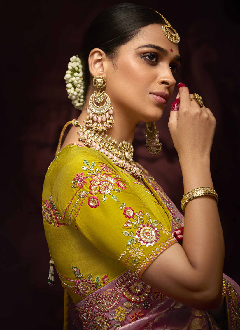 Trendsetting Rose Pink Pure Banarasi Kanjivaram Saree for Wedding