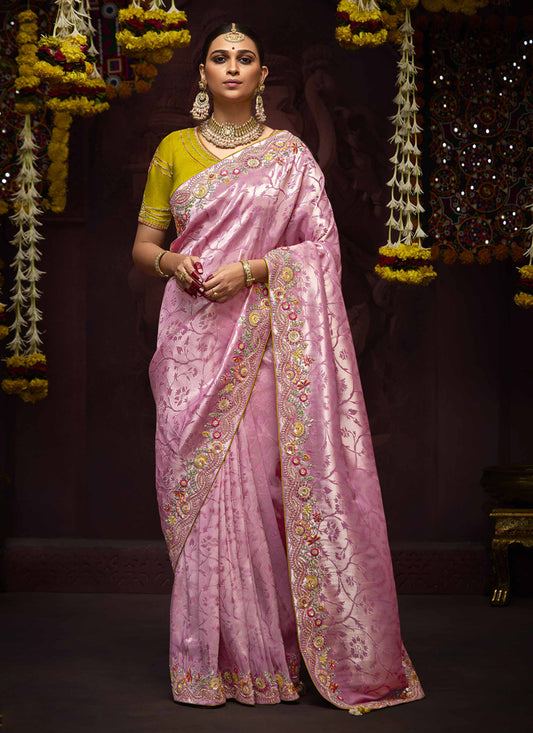 Trendsetting Rose Pink Pure Banarasi Kanjivaram Saree for Wedding