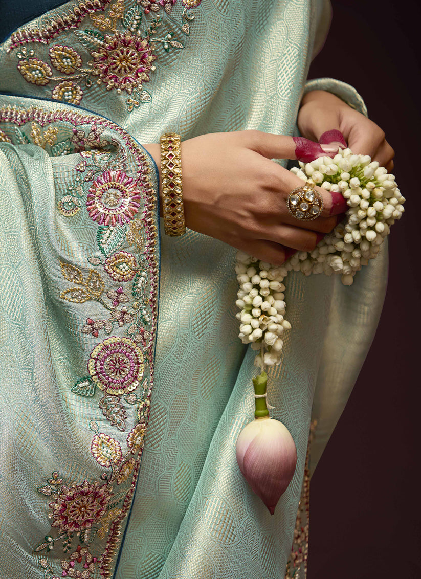 Immaculate Ice Blue Pure Banarasi Kanjivaram Saree for Wedding