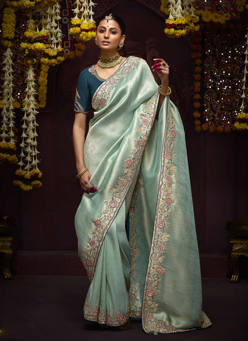 Immaculate Ice Blue Pure Banarasi Kanjivaram Saree for Wedding