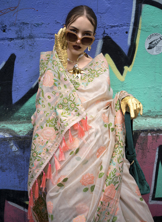 Pearl White Handloom Silk Parsi Weaving Saree