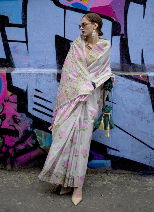 Pearl Grey Handloom Silk Parsi Weaving Saree