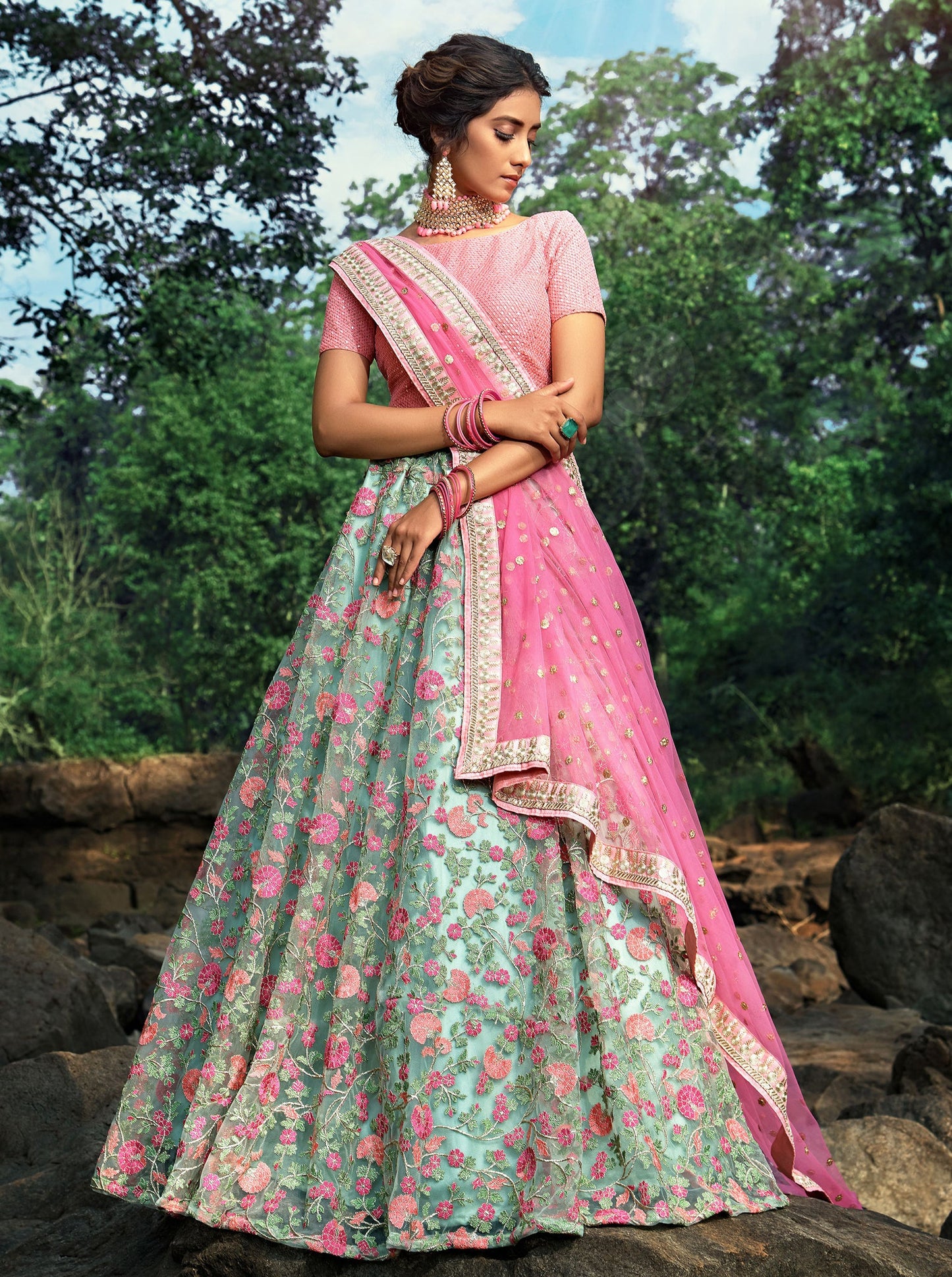 Ice Blue Net Sequins Designer Lehenga Choli